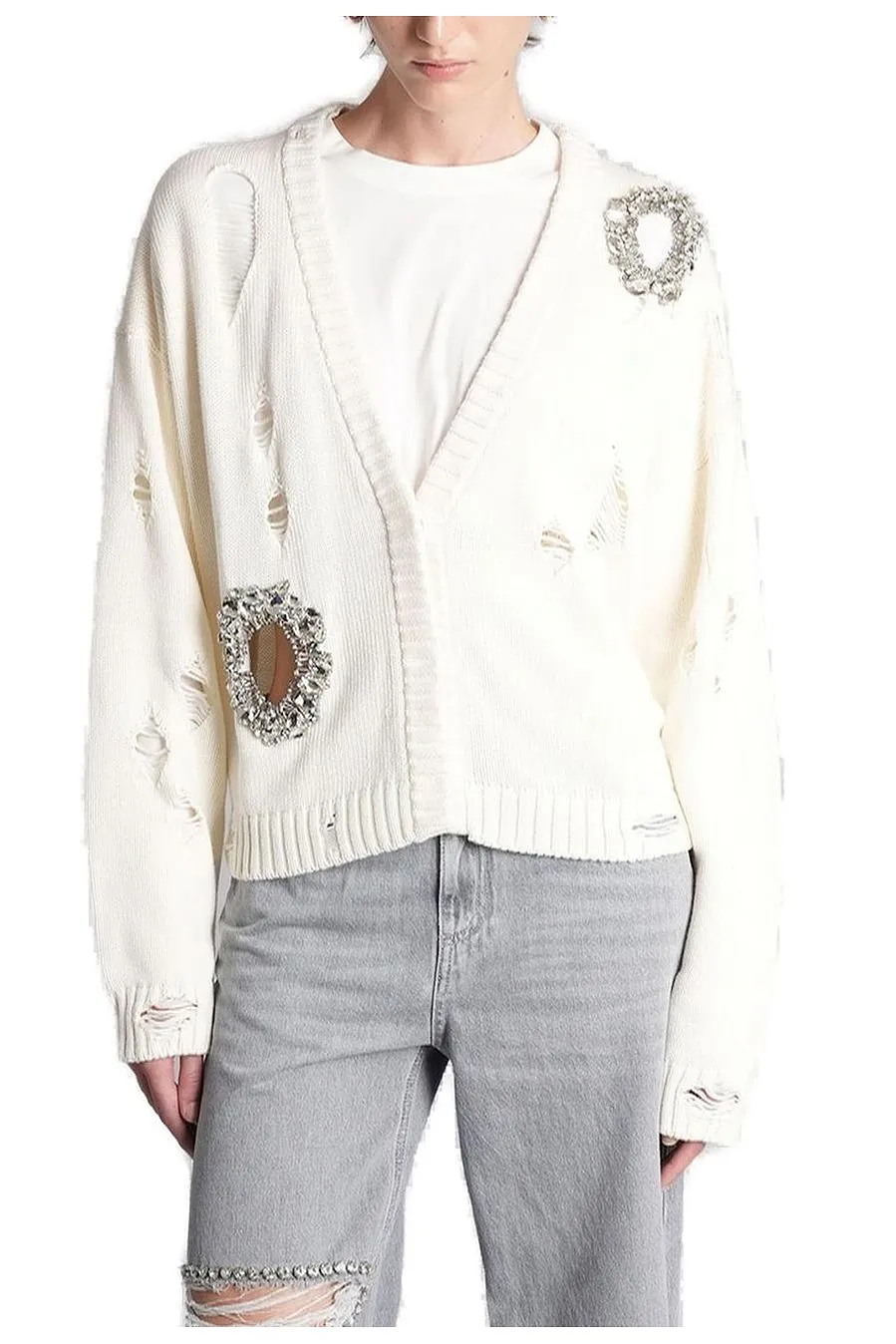 Area Embellished Distressed Cardigan