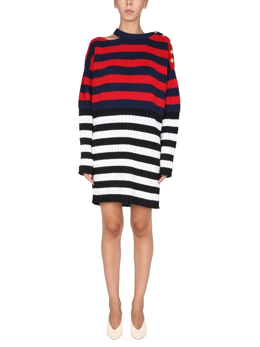 Balmain Striped Ribbed Asymmetric Mini Dress