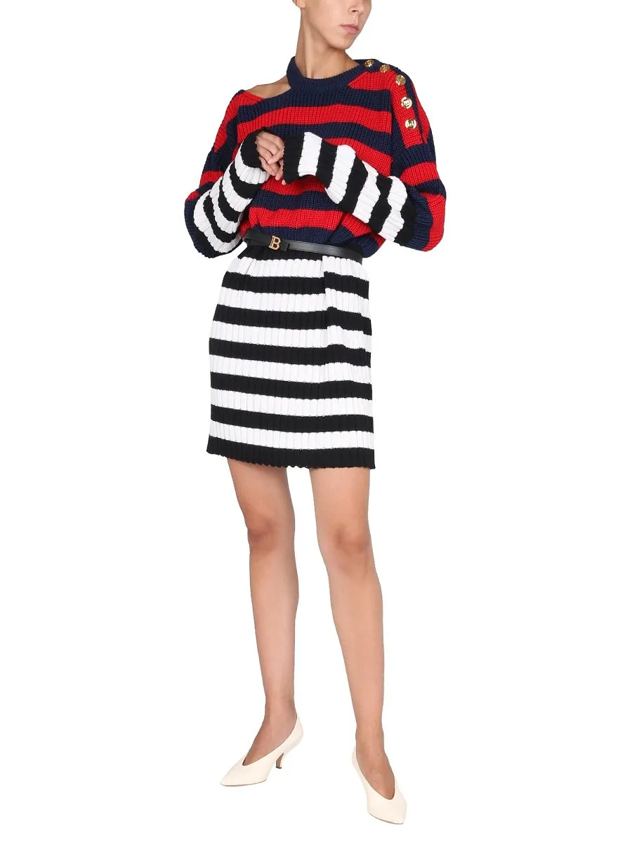 Balmain Striped Ribbed Asymmetric Mini Dress