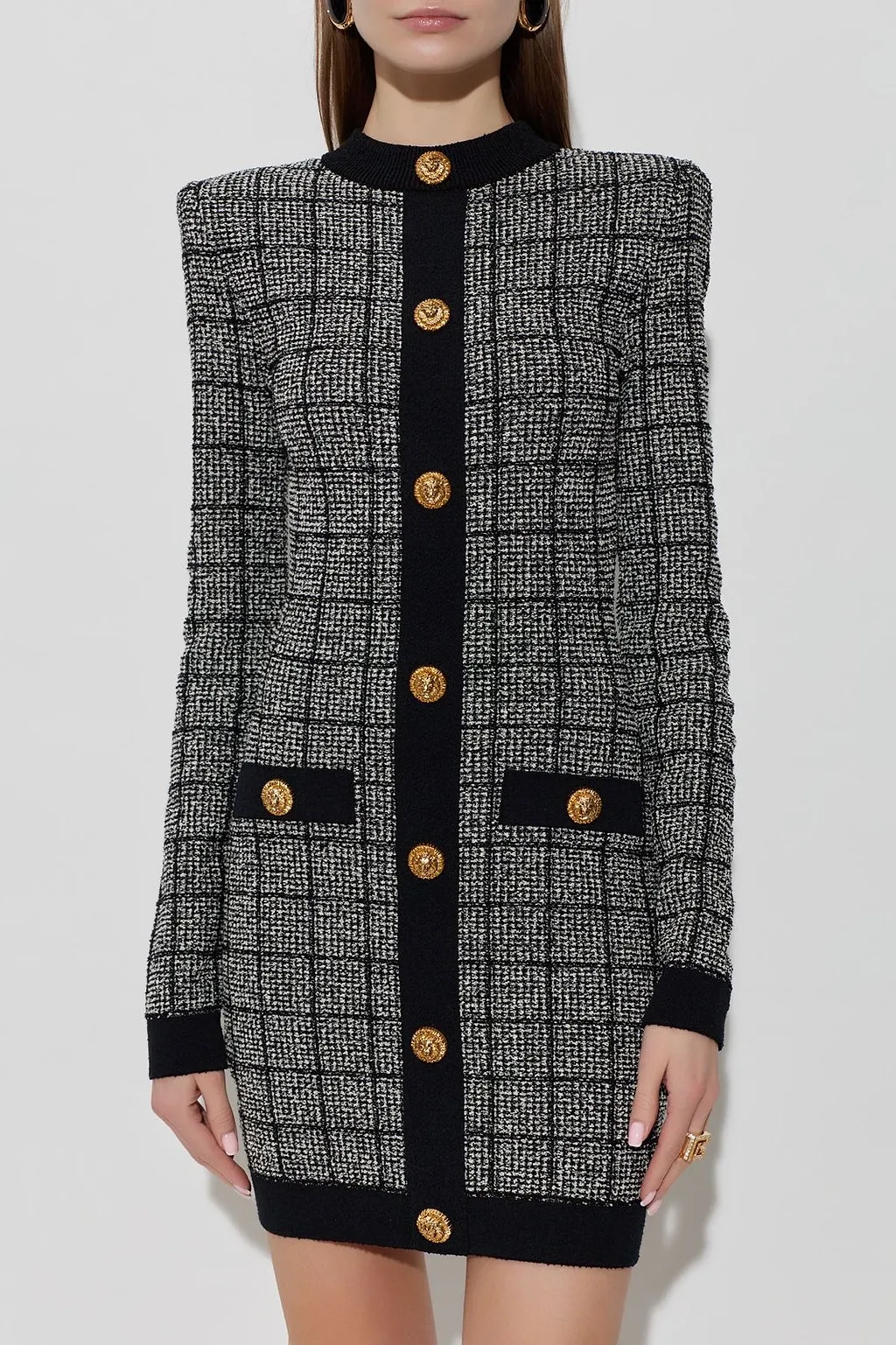 Balmain Tweed Long-Sleeve Dress