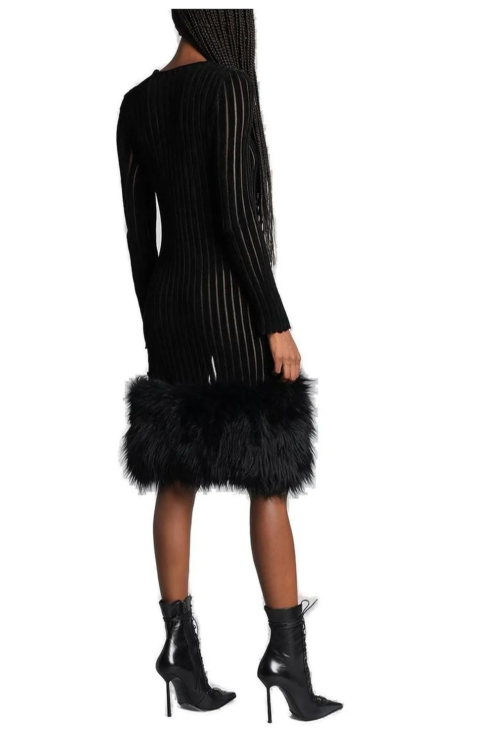Blumarine Faux-Fur Trim Side-Slit Sheer Dress