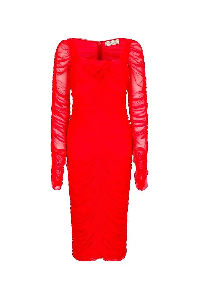 Blumarine Flower-Embellished Square-Neck Gathered Midi Dress