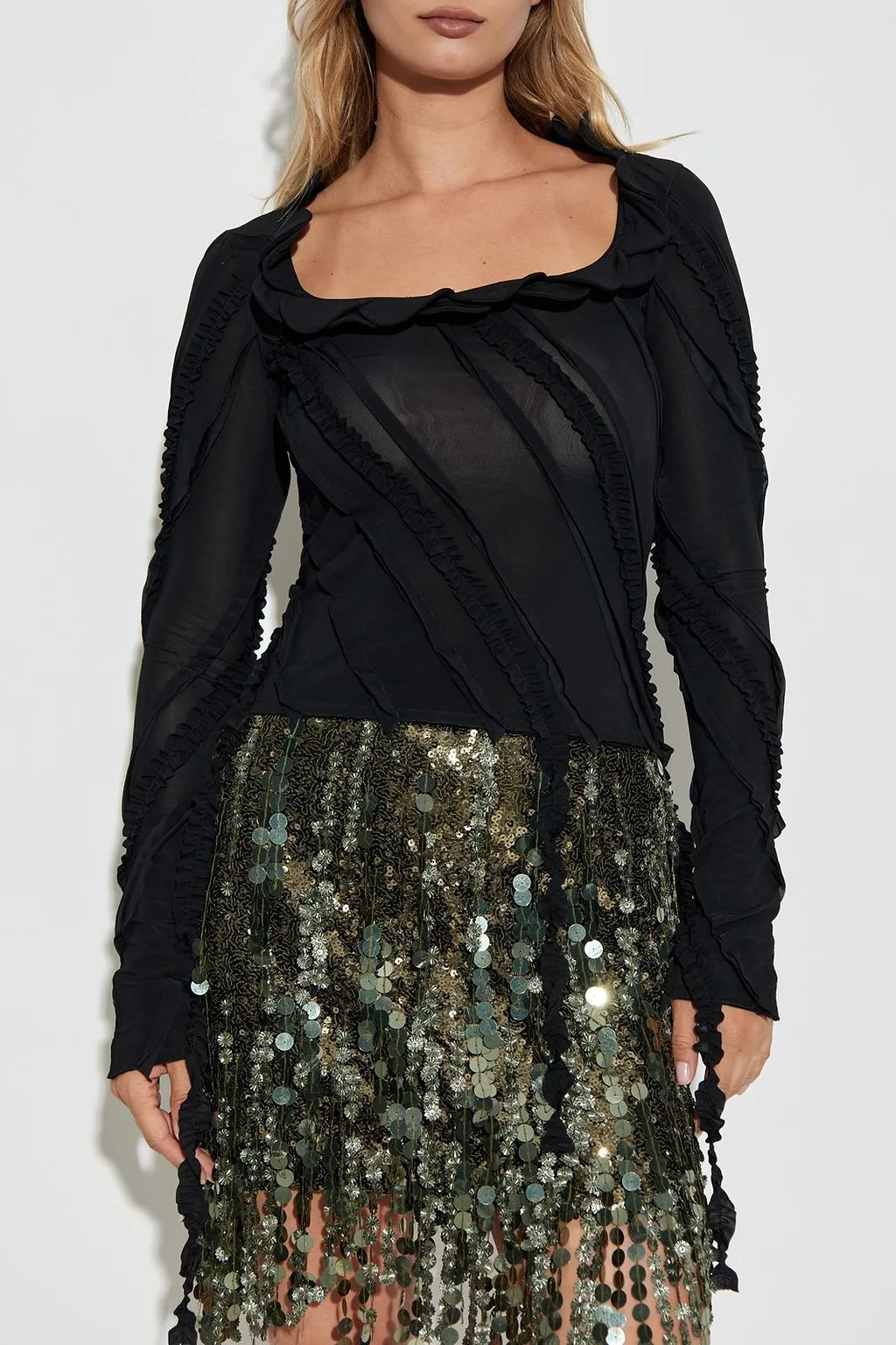 Blumarine Long Sleeve U-Neck Fringed Top
