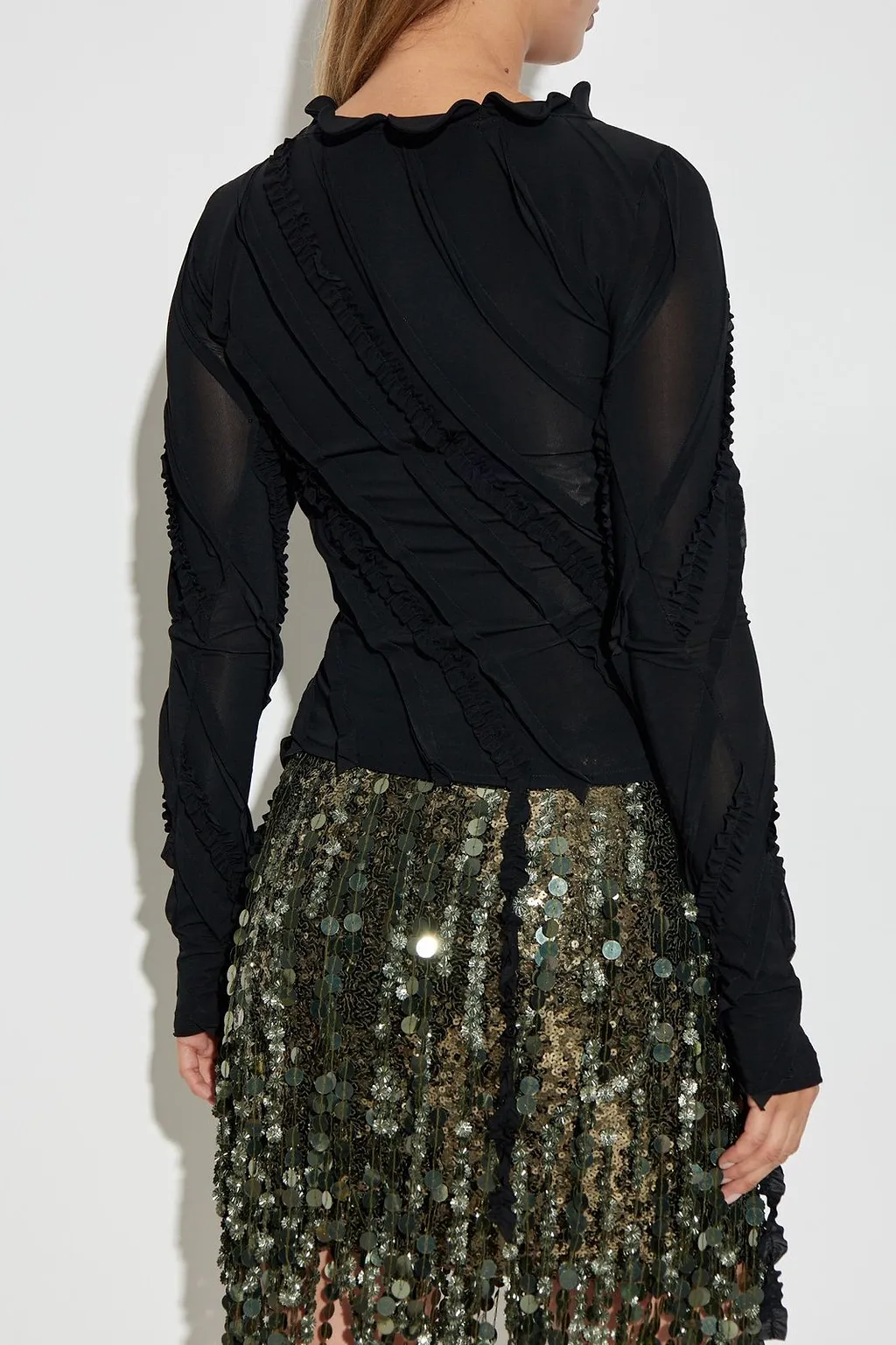 Blumarine Long Sleeve U-Neck Fringed Top