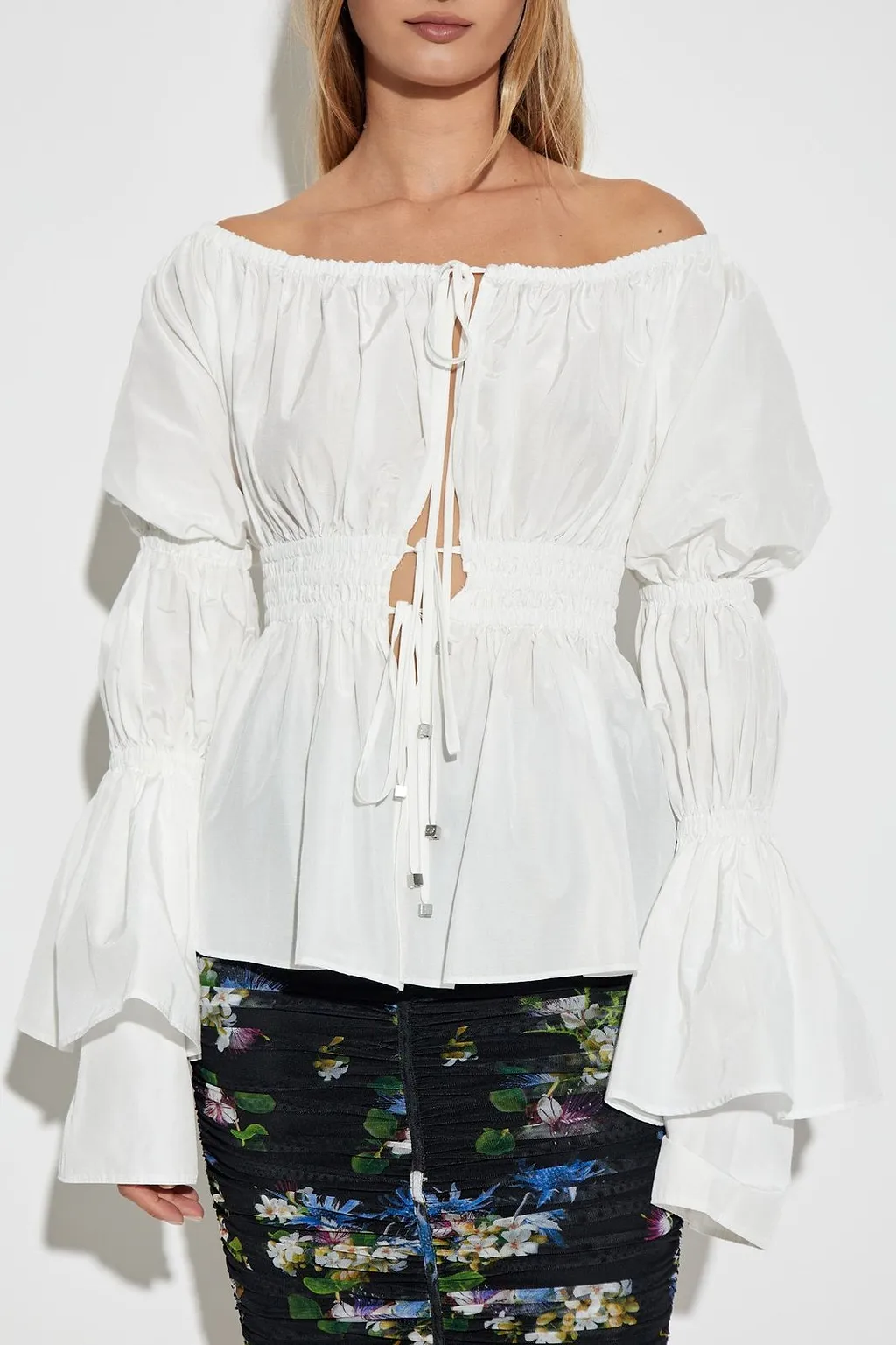 Blumarine Off-Shoulder Ruffled Lace-Up Top