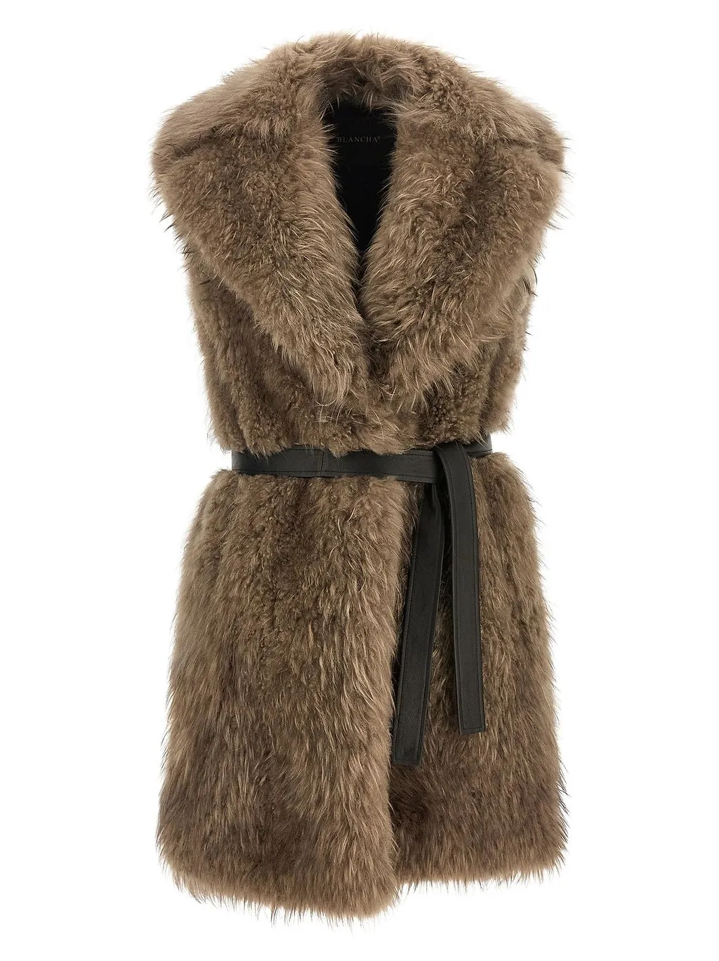 Blancha Tipping Belted Shearling Vest Coat