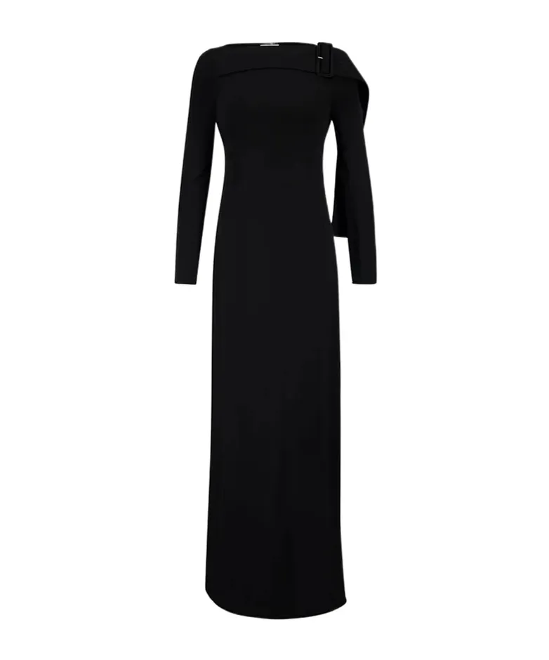 Buckled Long-Sleeve Maxi Dress