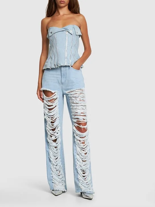 Vintage-Style Distressed Denim Trousers