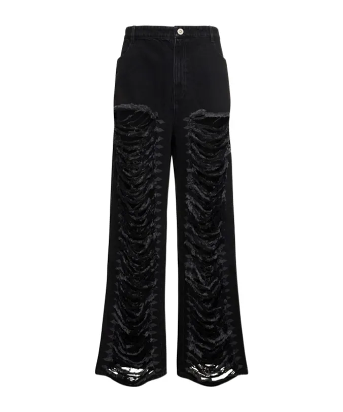 Vintage-Style Distressed Denim Trousers