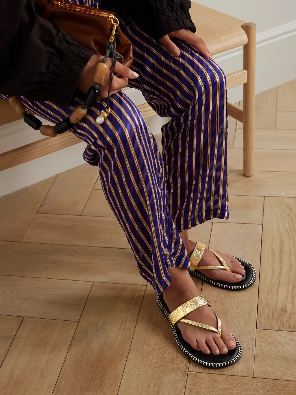 Dries Van Noten Metallic Triple-Strap Flip-Flops