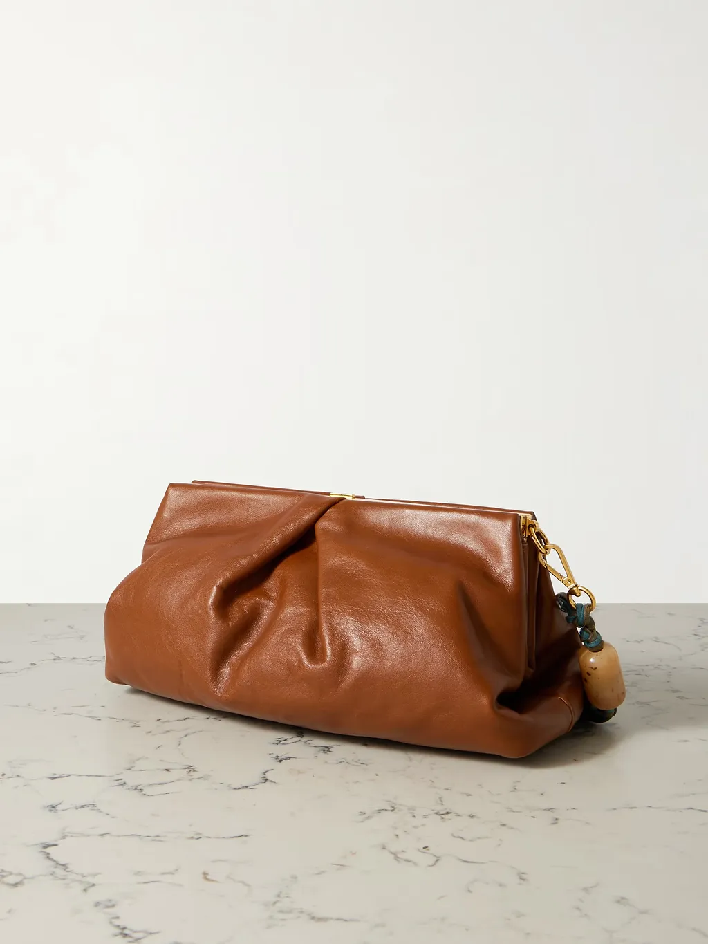 Pleated Beaded Leather Clutch Bag