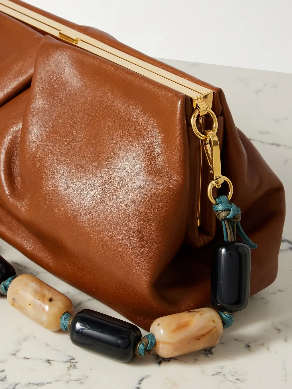 Pleated Beaded Leather Clutch Bag