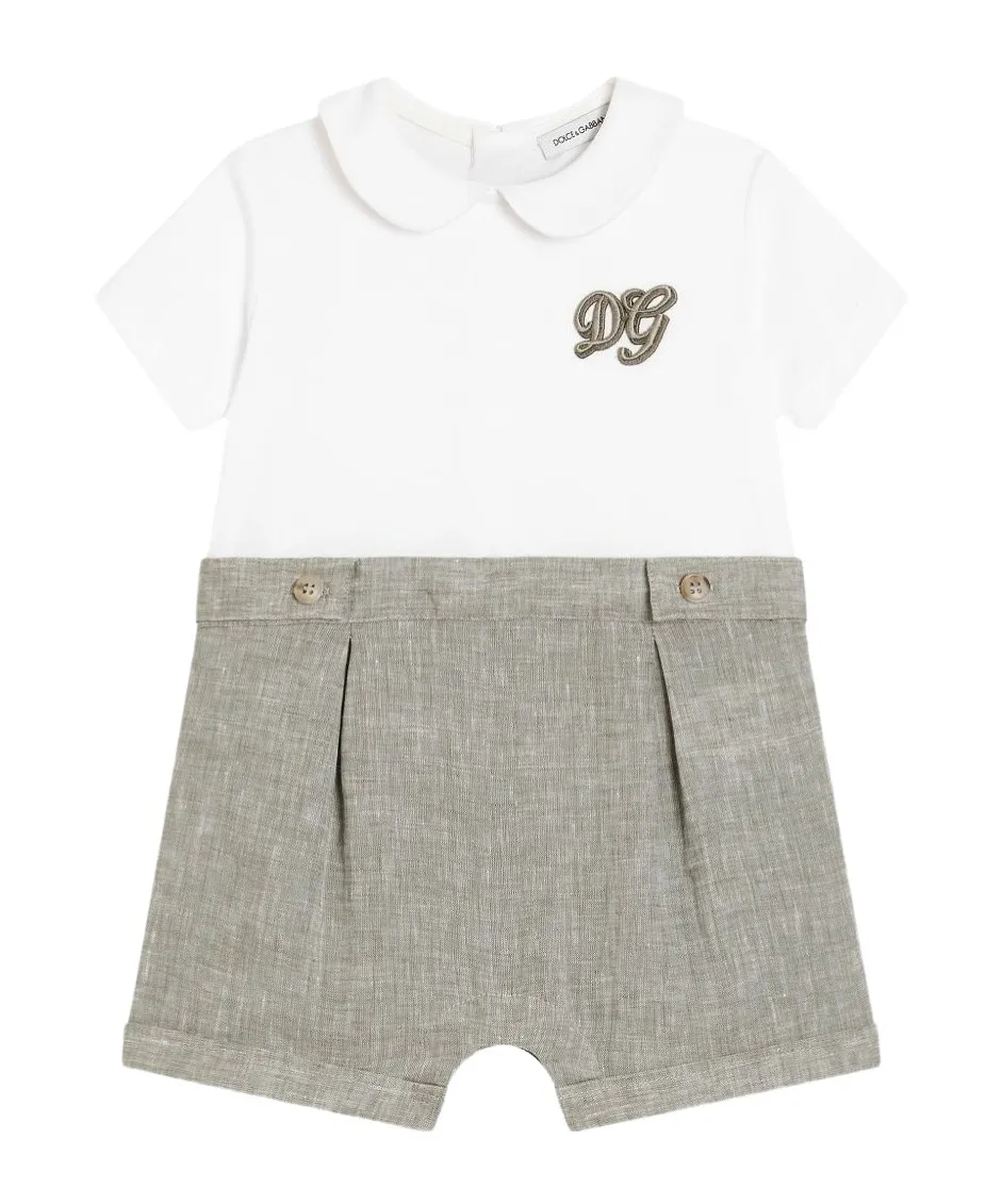 Interlock And Linen Romper With Dg Embroidery