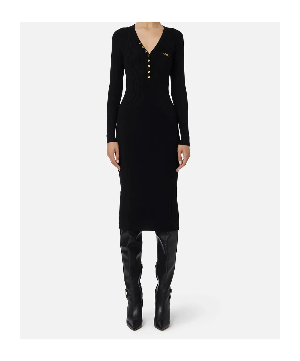 Elisabetta Franchi Long Sleeved V-Neck Ribbed Dress