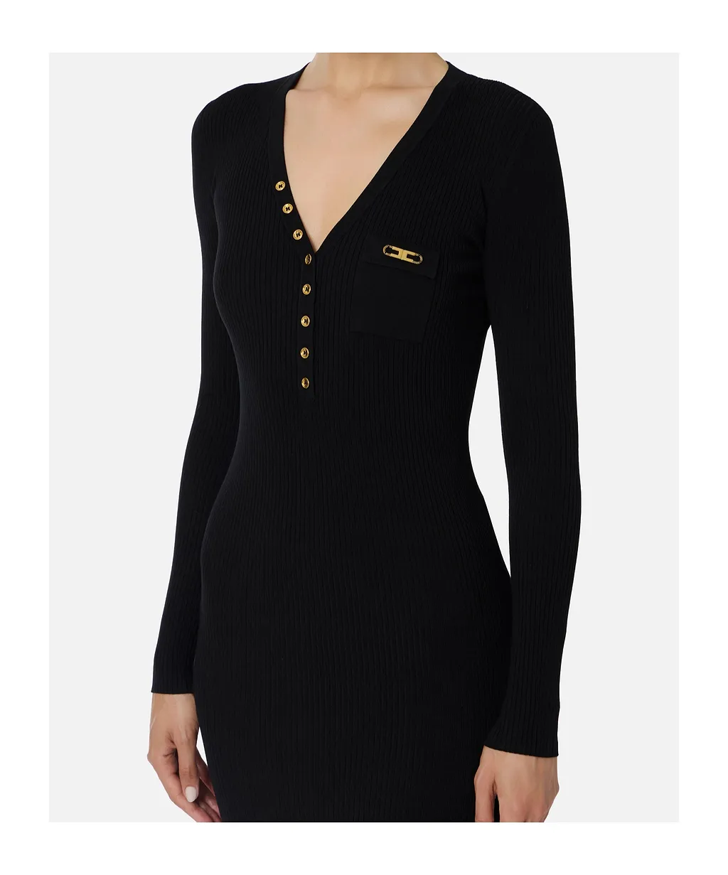 Elisabetta Franchi Long Sleeved V-Neck Ribbed Dress