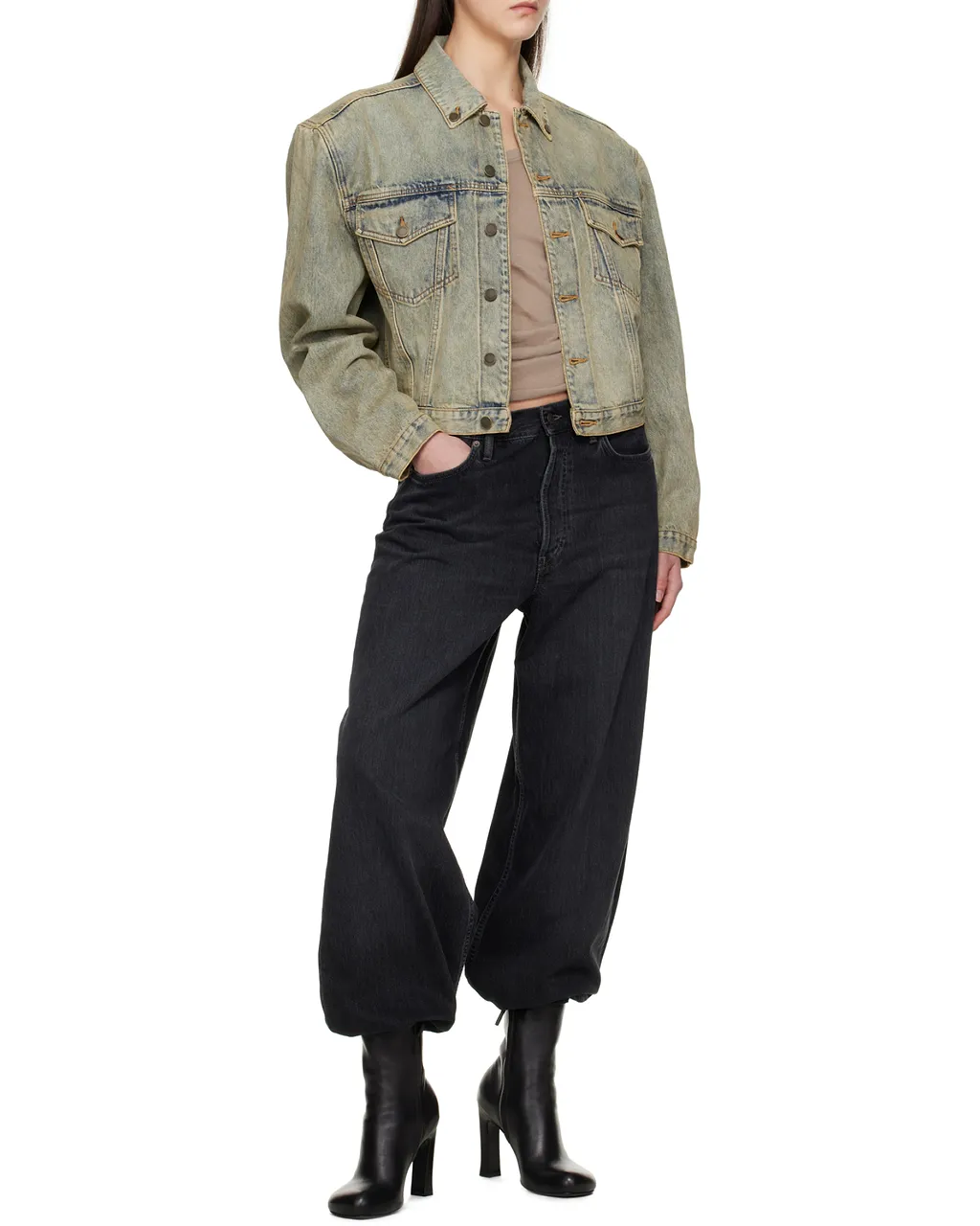 Entire Studios Shrunken Buttoned Distressed Denim Jacket