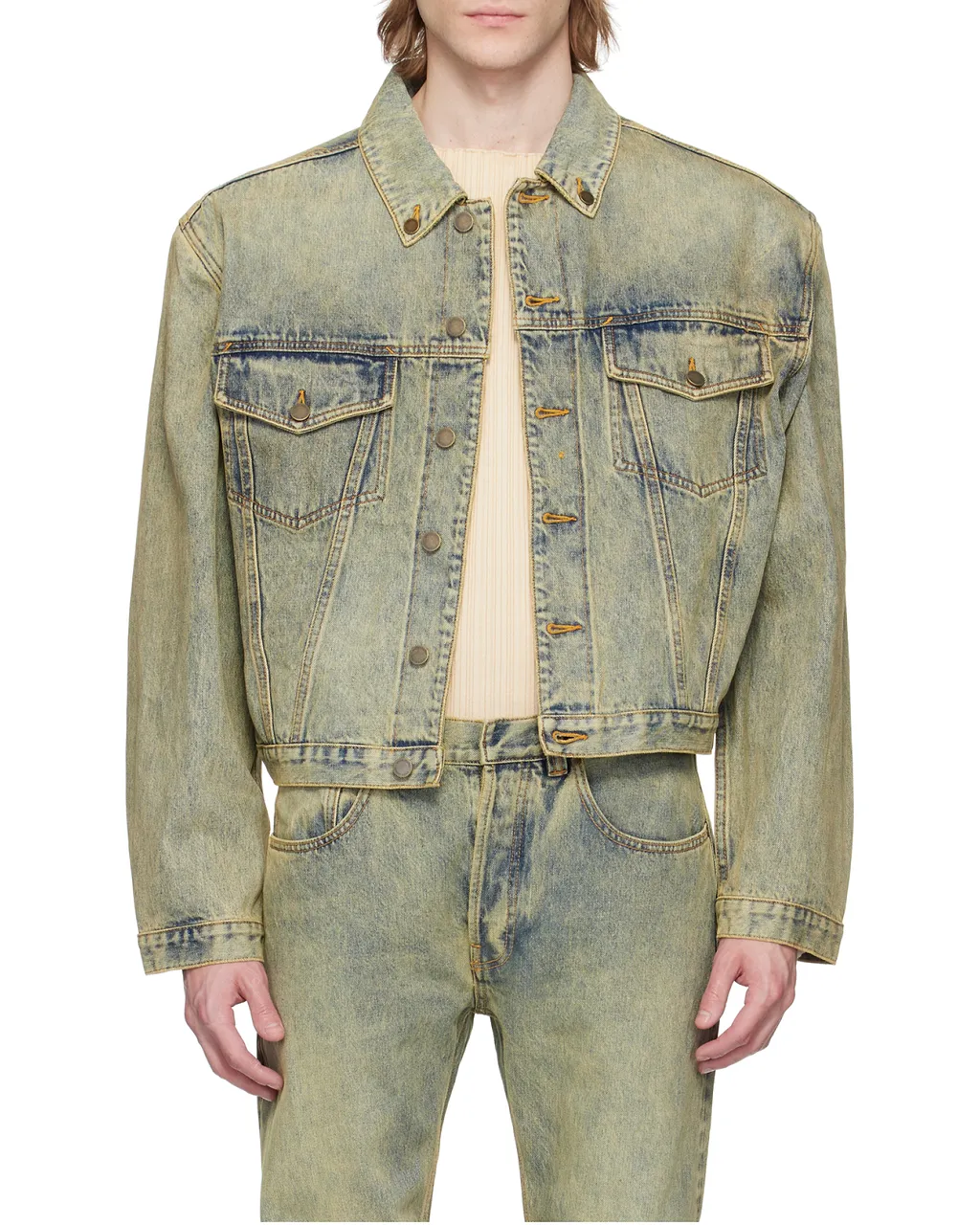 Entire Studios Shrunken Buttoned Distressed Denim Jacket