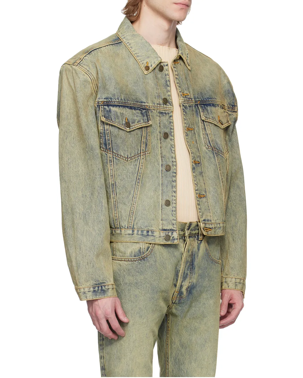 Entire Studios Shrunken Buttoned Distressed Denim Jacket