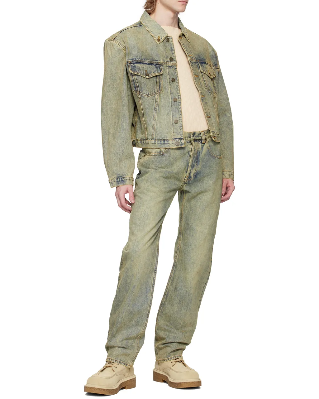 Entire Studios Shrunken Buttoned Distressed Denim Jacket