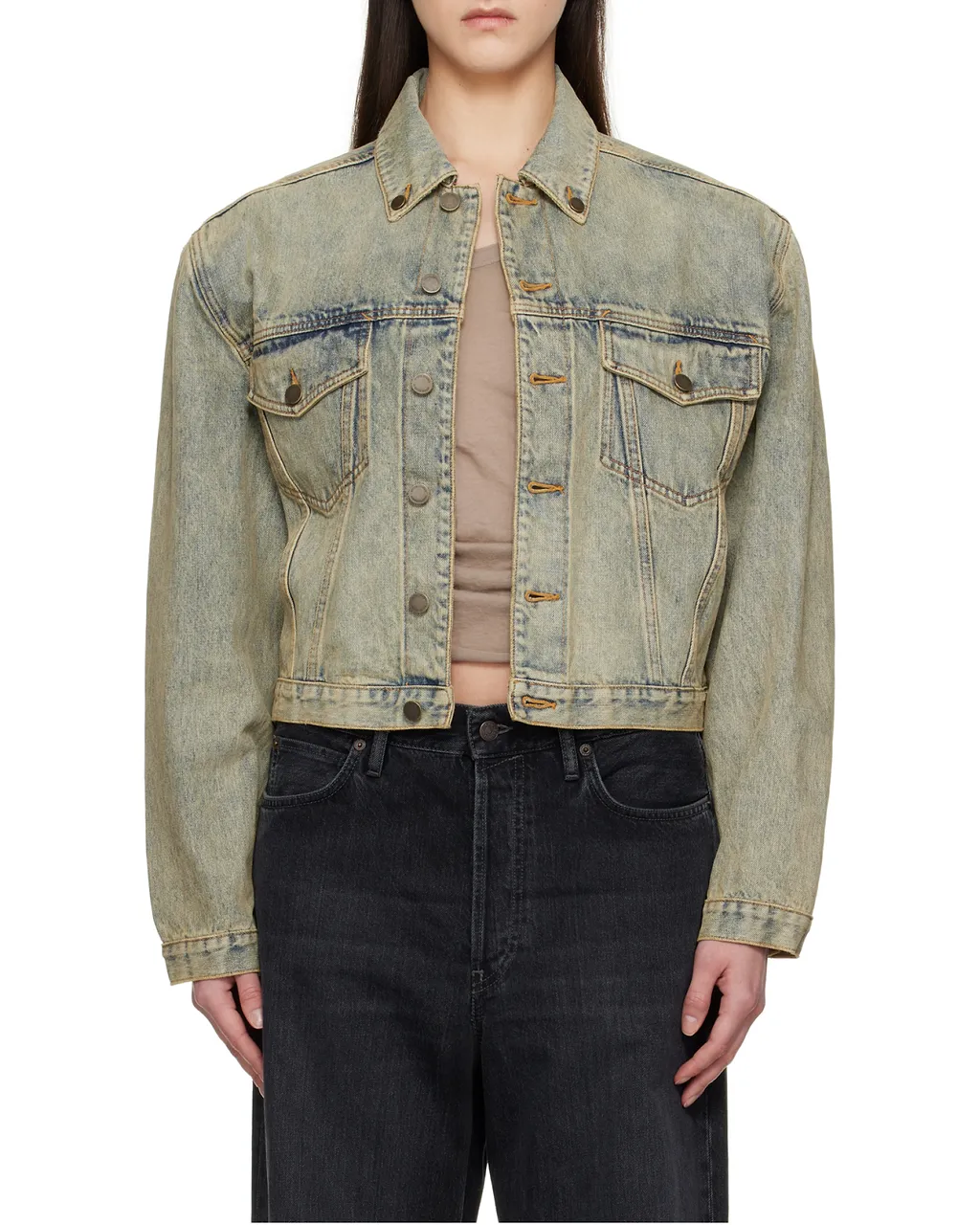 Entire Studios Shrunken Buttoned Distressed Denim Jacket