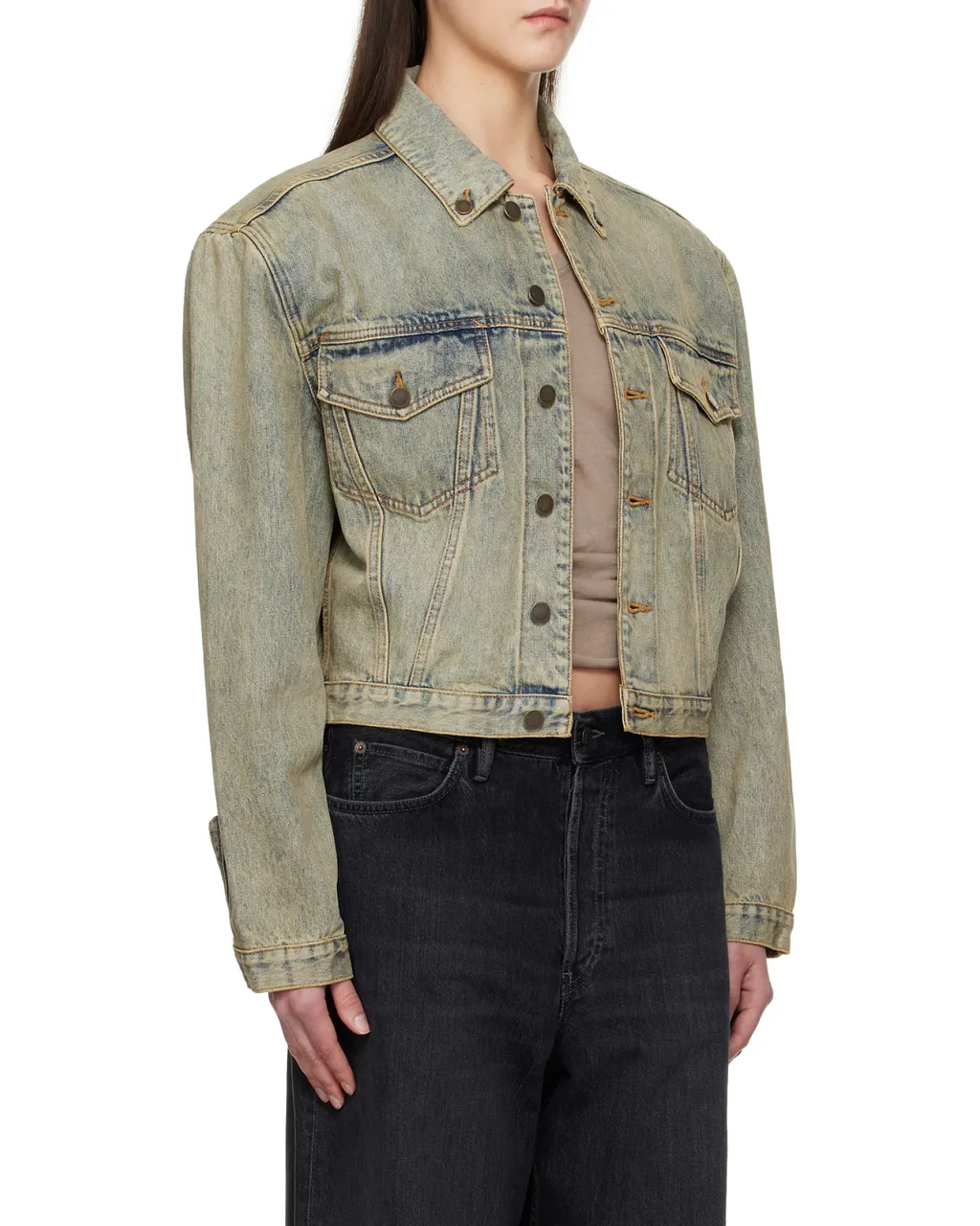 Entire Studios Shrunken Buttoned Distressed Denim Jacket
