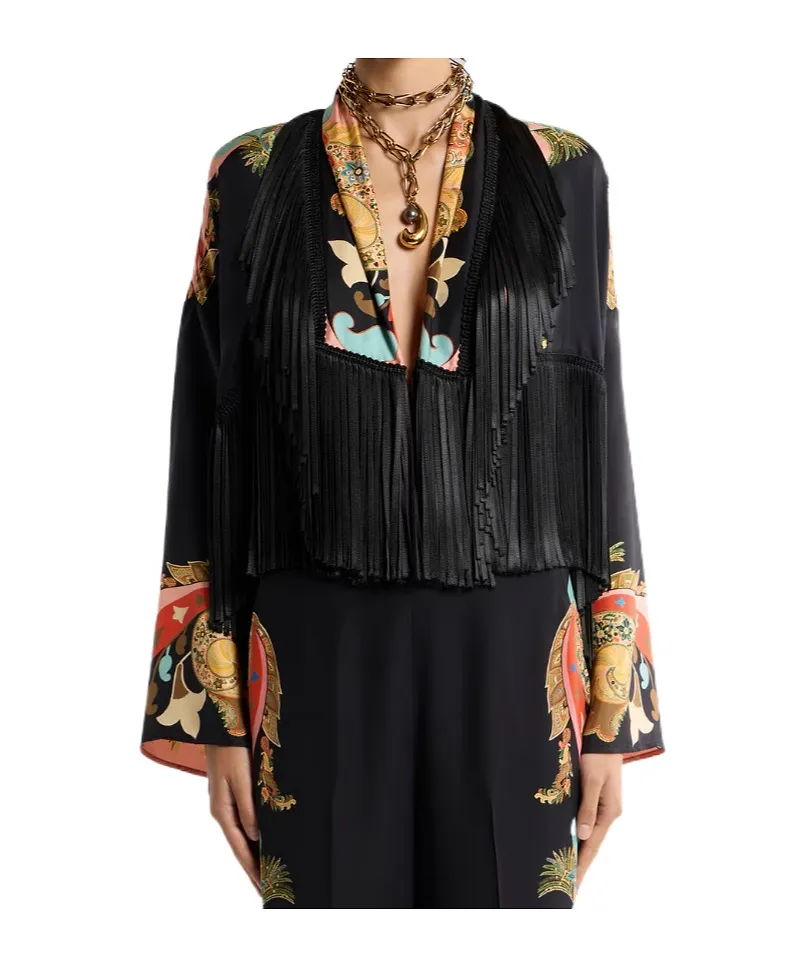 Silk Jacket With Fringing And Placed Print