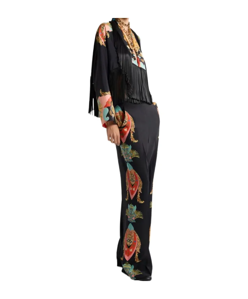 Silk Jacket With Fringing And Placed Print