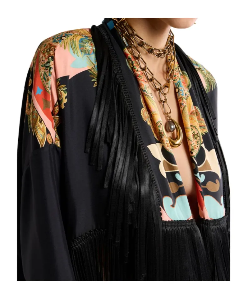 Silk Jacket With Fringing And Placed Print