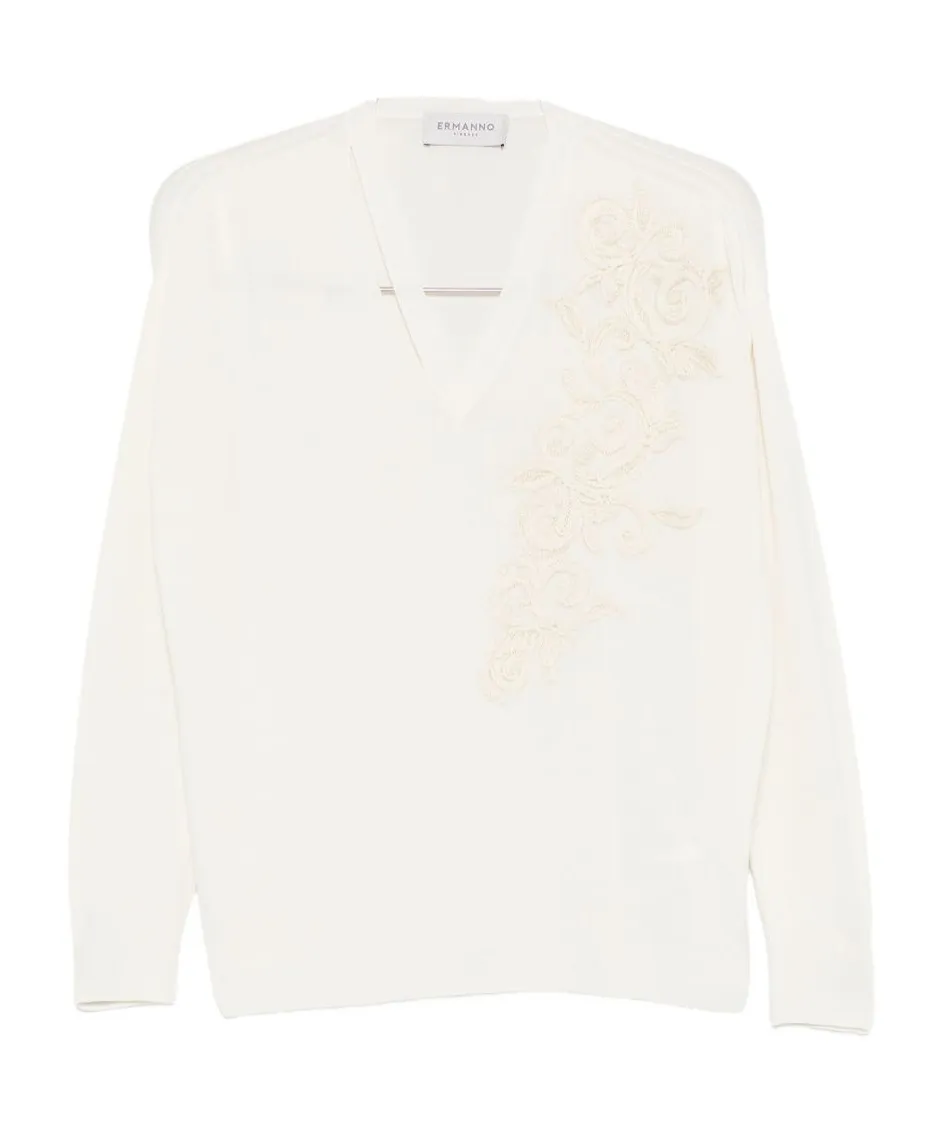 Ermanno Firenze Floral-Embroidered V-Neck Sweater