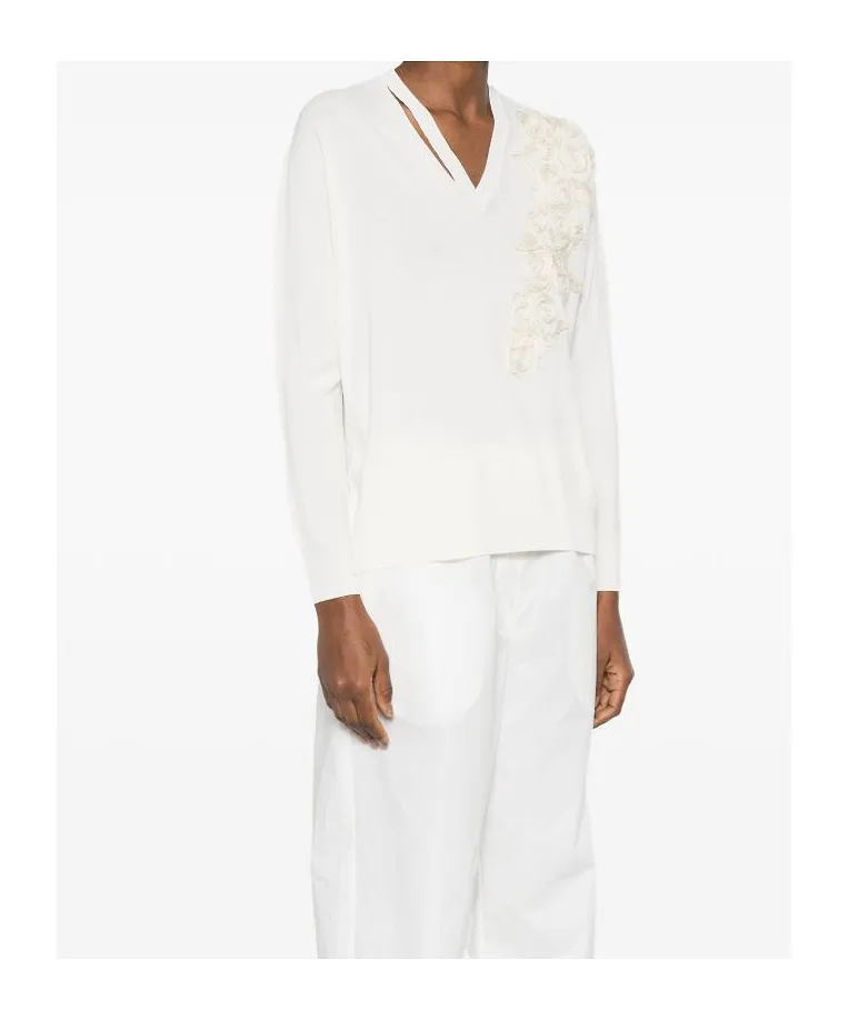 Ermanno Firenze Floral-Embroidered V-Neck Sweater
