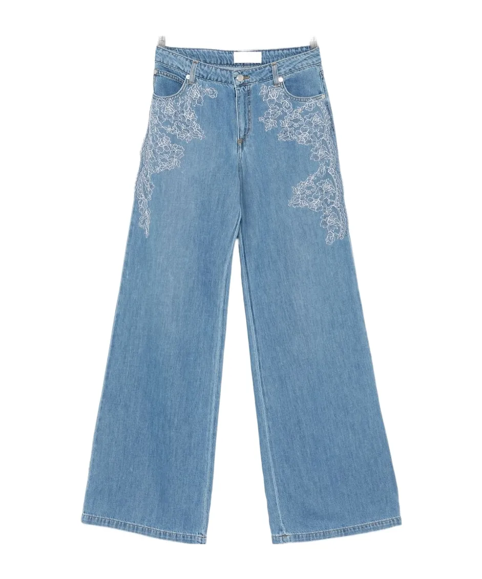 Ermanno Firenze Floral Embroidered Wide-Leg Jeans
