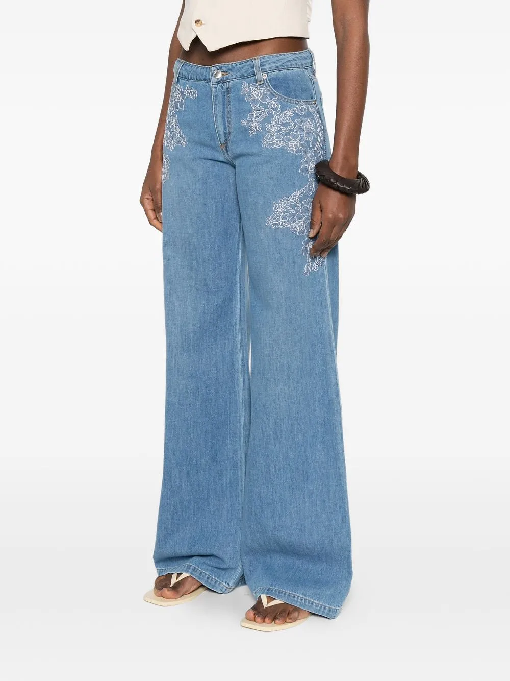 Ermanno Firenze Floral Embroidered Wide-Leg Jeans