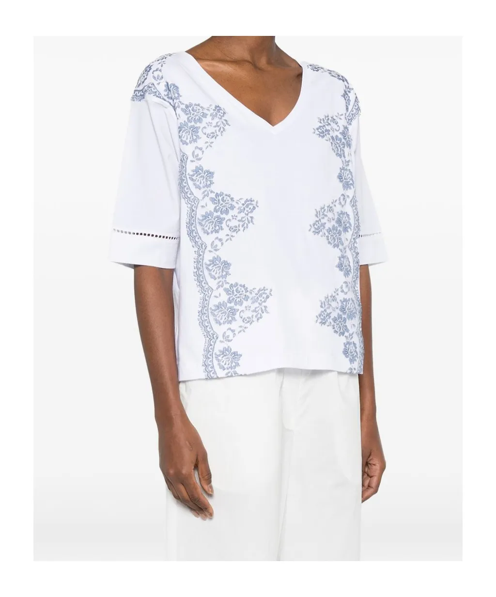 Ermanno Firenze Floral Embroidered V-Neck T-Shirt