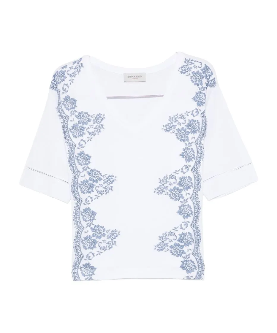 Ermanno Firenze Floral Embroidered V-Neck T-Shirt
