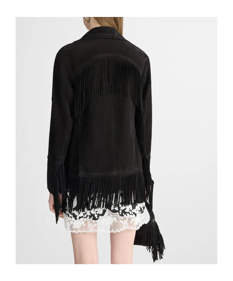 Suede Caban With Fringes And Broguing Details