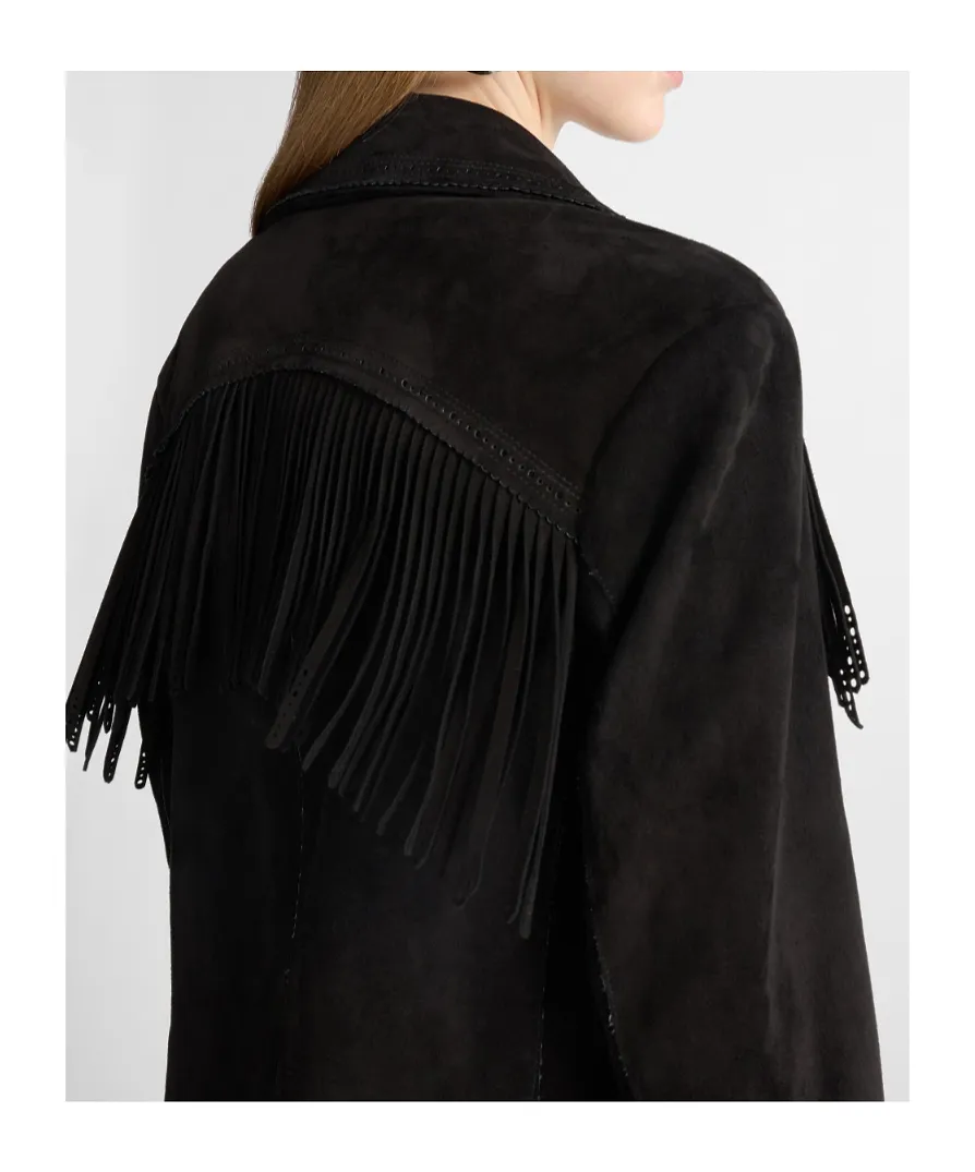 Suede Caban With Fringes And Broguing Details