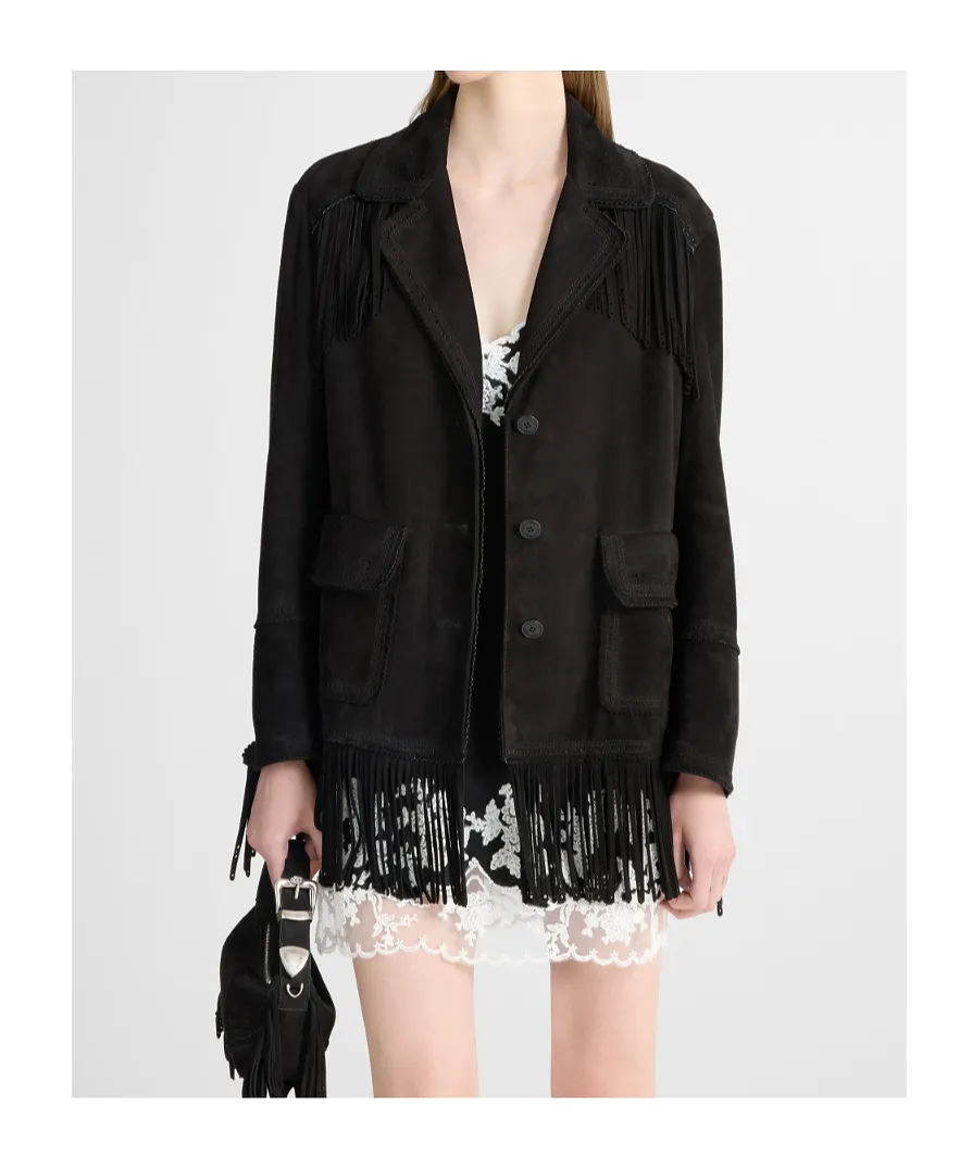 Suede Caban With Fringes And Broguing Details