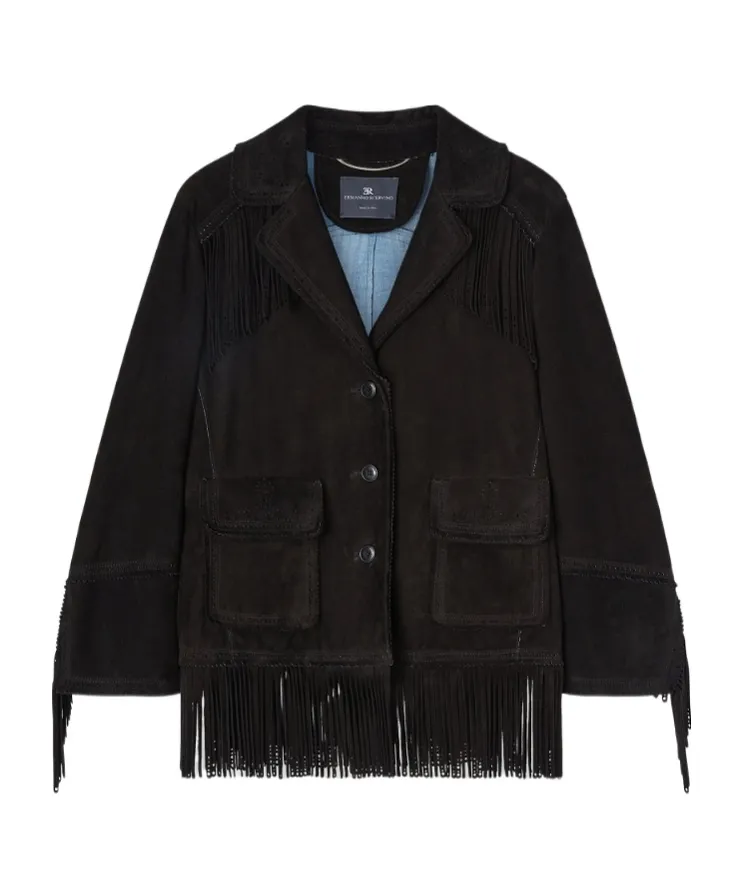 Suede Caban With Fringes And Broguing Details