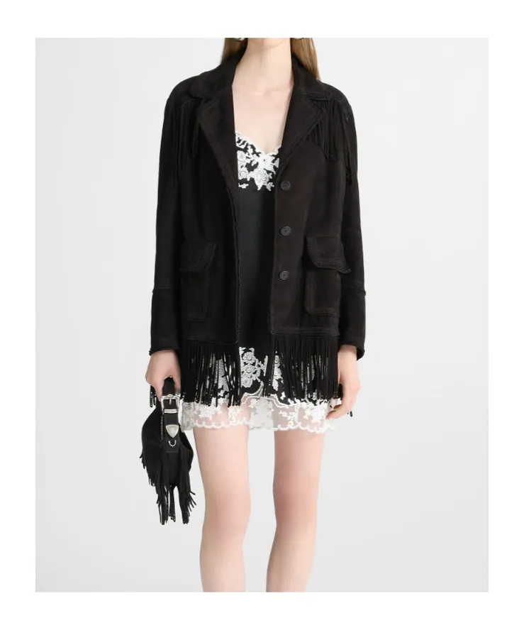 Suede Caban With Fringes And Broguing Details