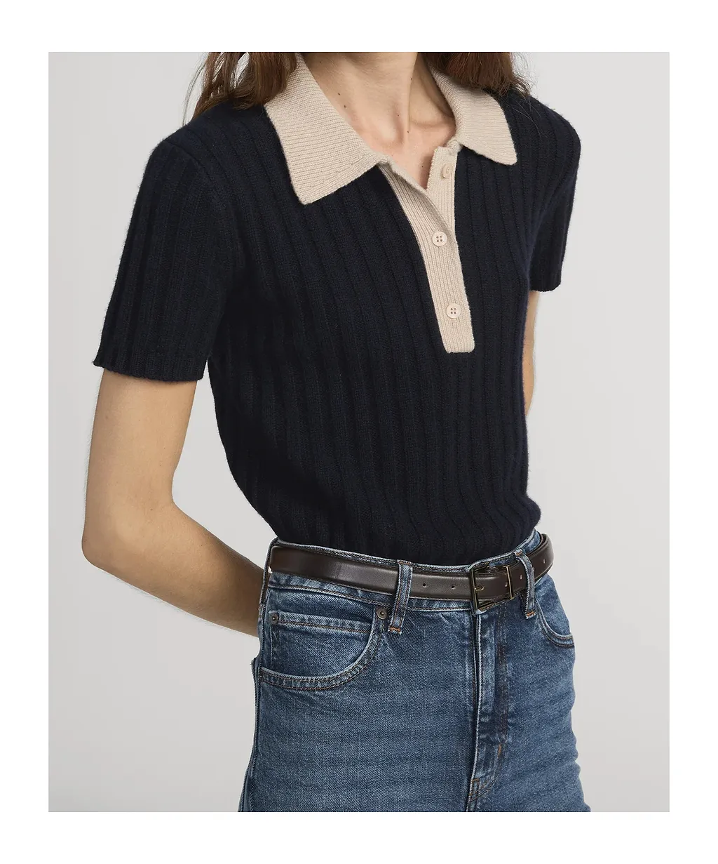 Frame Ribbed Short-Sleeve Polo Knitted Top