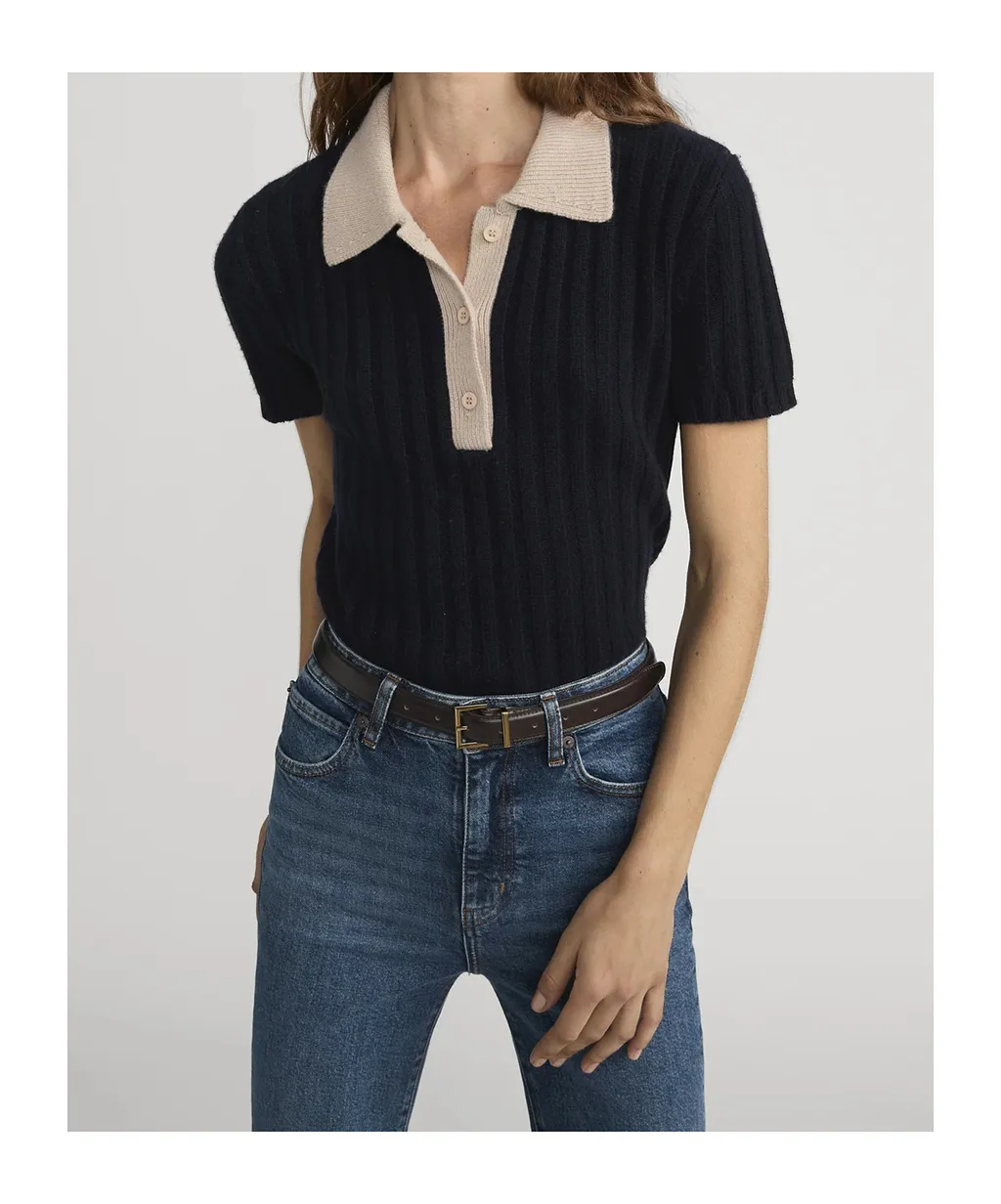 Frame Ribbed Short-Sleeve Polo Knitted Top
