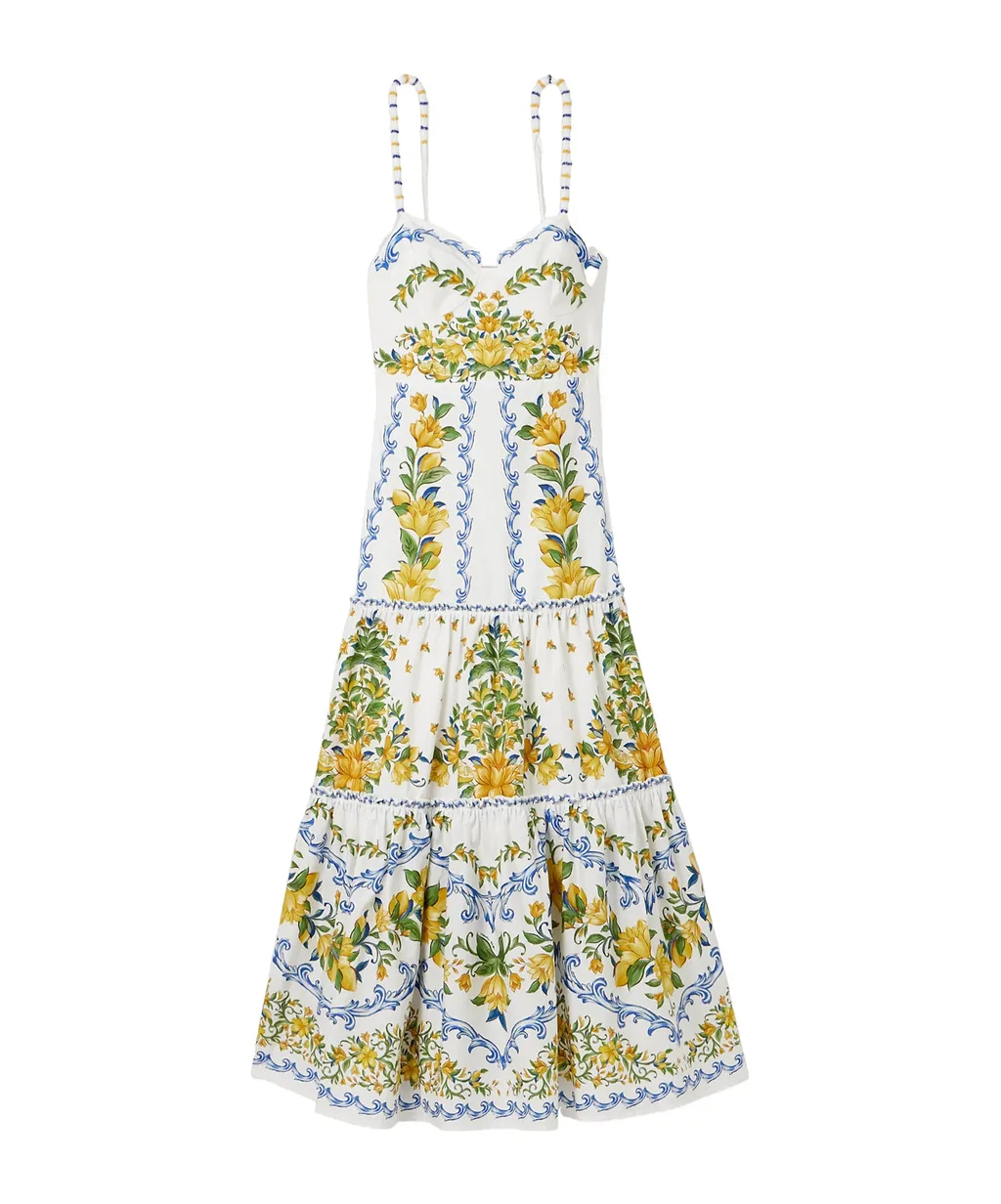 Sicily Tiered Bead-Embellished Printed Cotton-Poplin Midi Dress