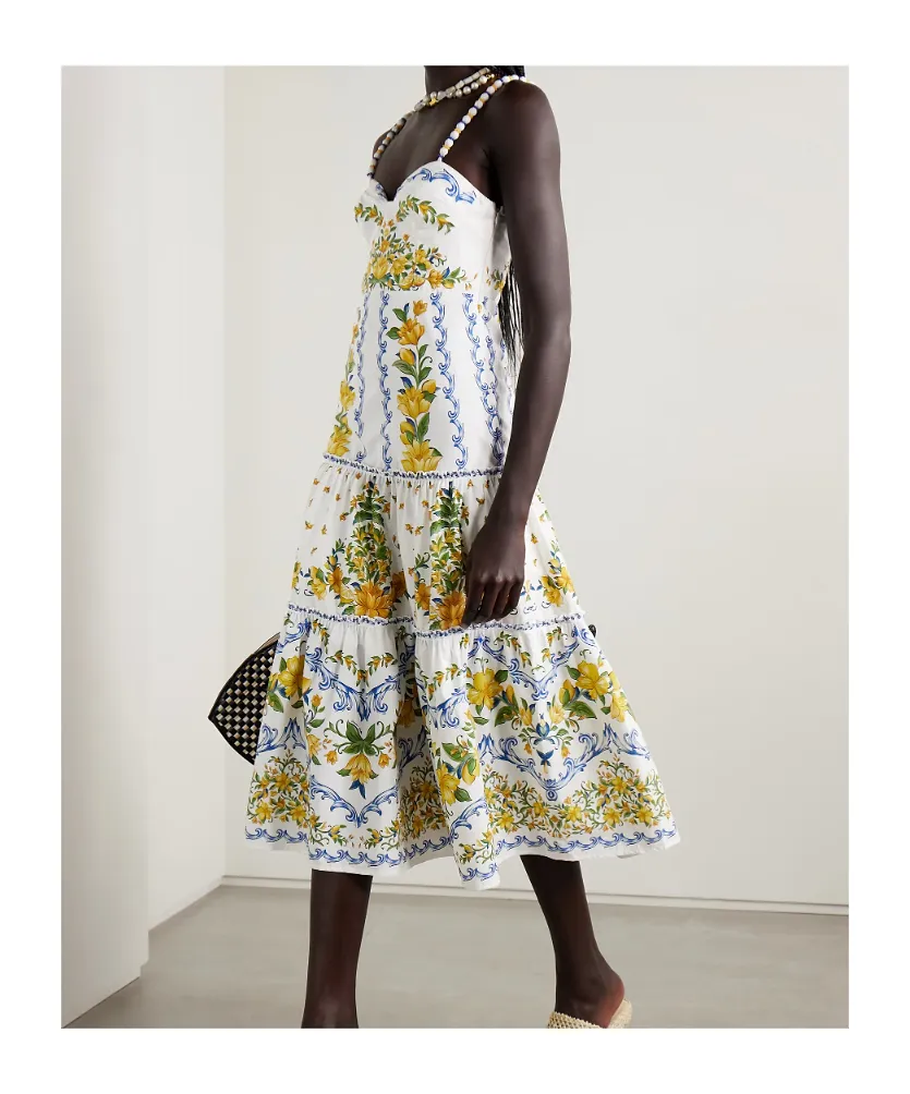 Sicily Tiered Bead-Embellished Printed Cotton-Poplin Midi Dress