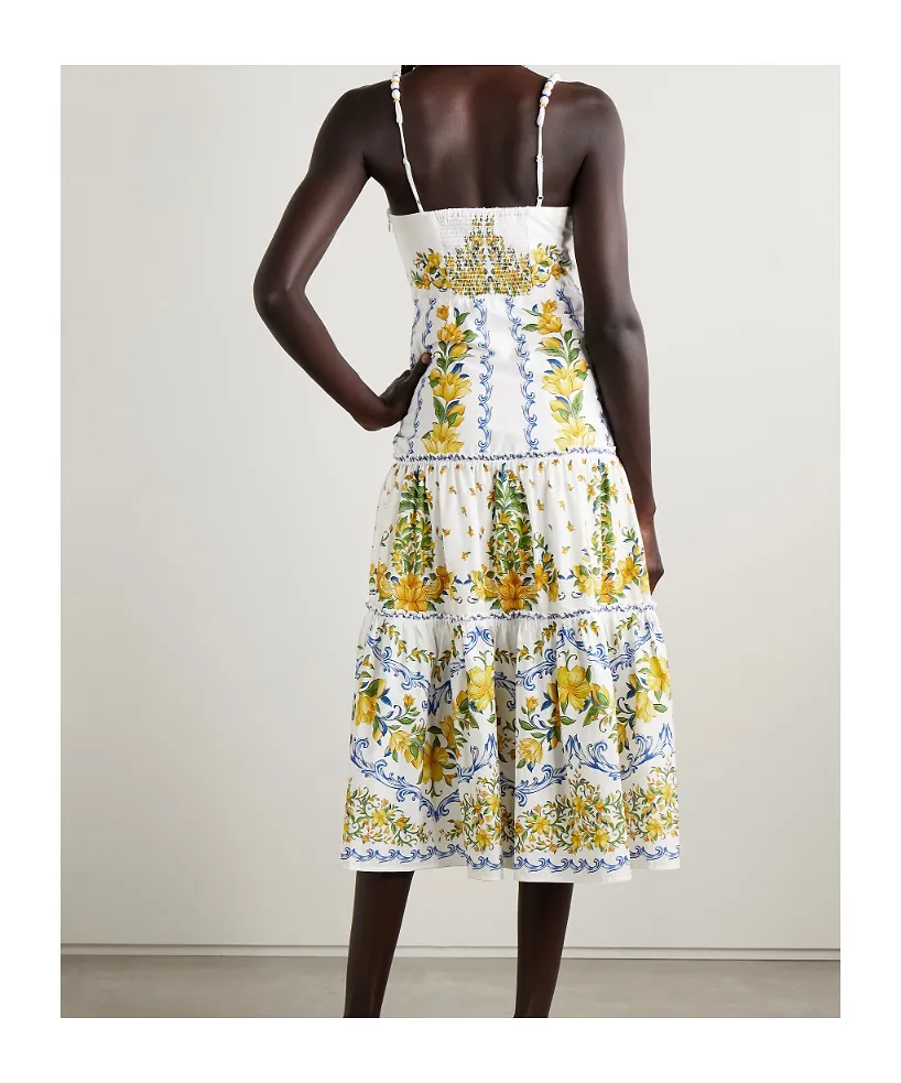 Sicily Tiered Bead-Embellished Printed Cotton-Poplin Midi Dress