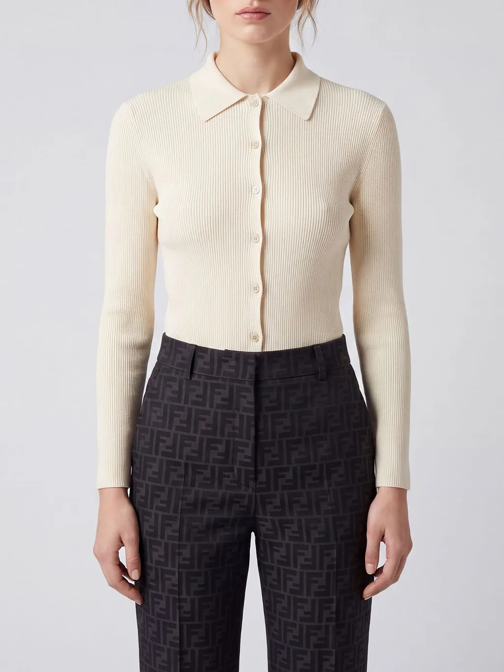 Fendi Long Sleeved Ribbed-Knit Fitted Cardigan