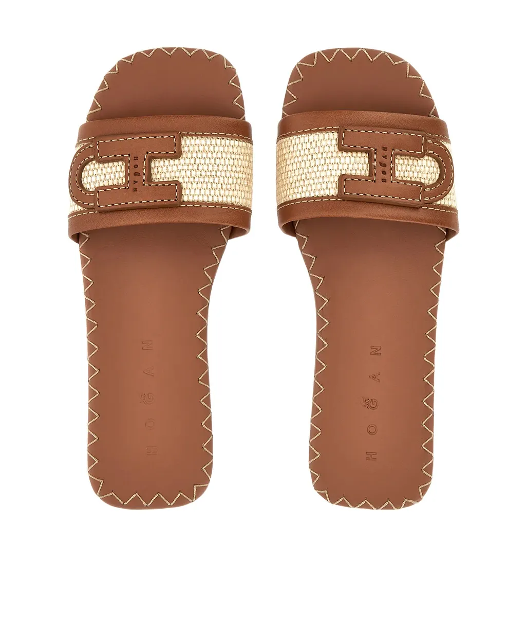 Hogan H685 Raffia-Trim Flat Sandals