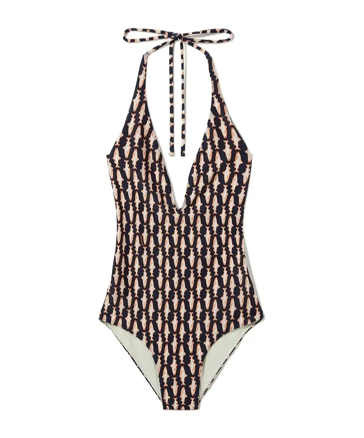 Fish-Print Halter Swimsuit