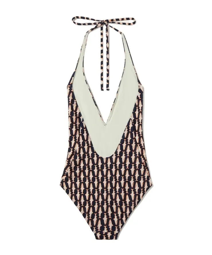 Fish-Print Halter Swimsuit