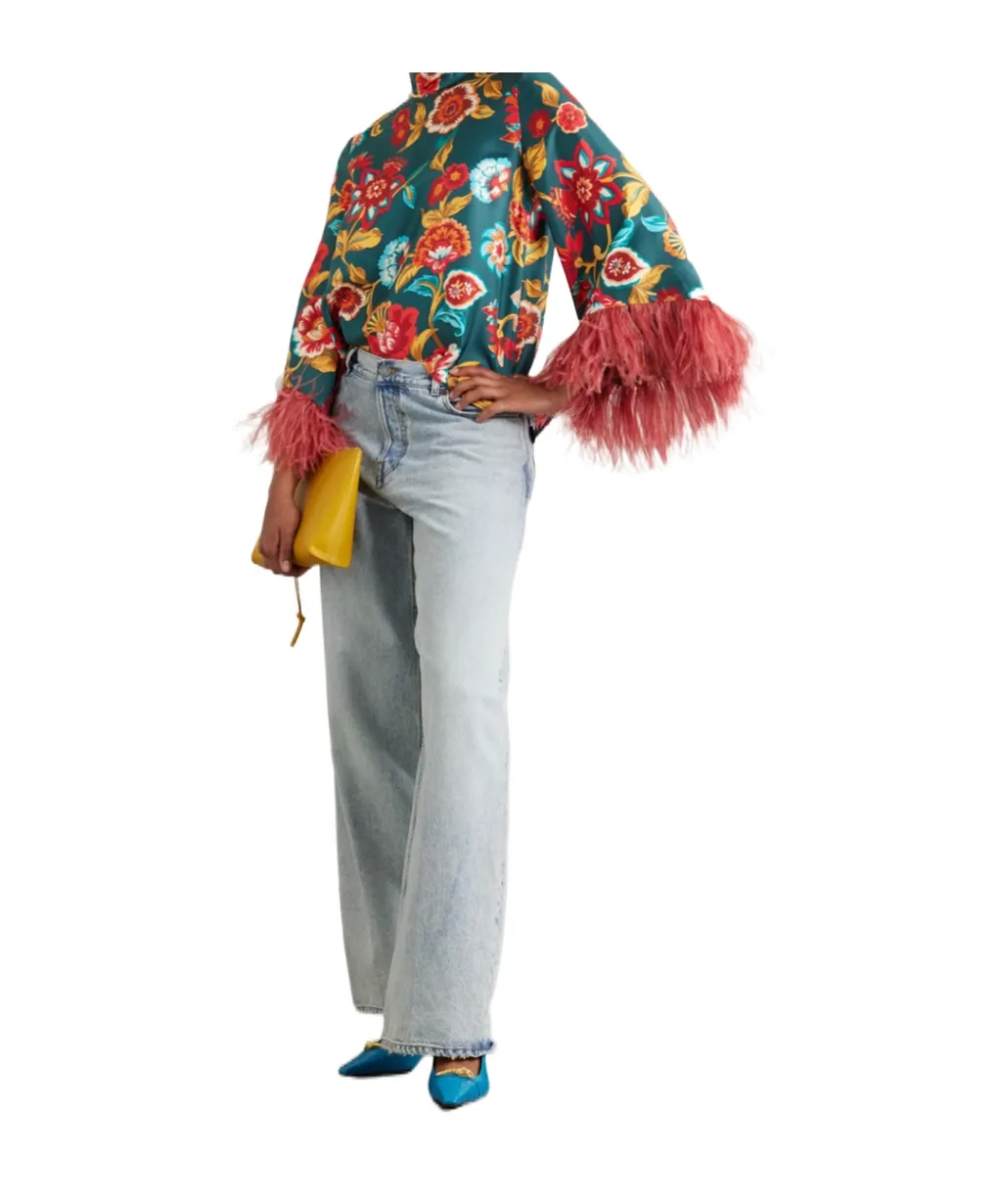Feather-Trimmed Printed Cover-Up