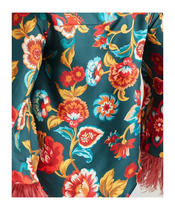 Feather-Trimmed Printed Cover-Up